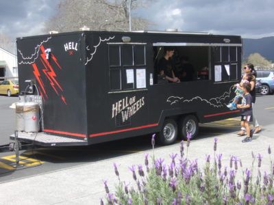 The Hell Pizza caravan at the KAITAIA LIBRARY (Te Ahu)
